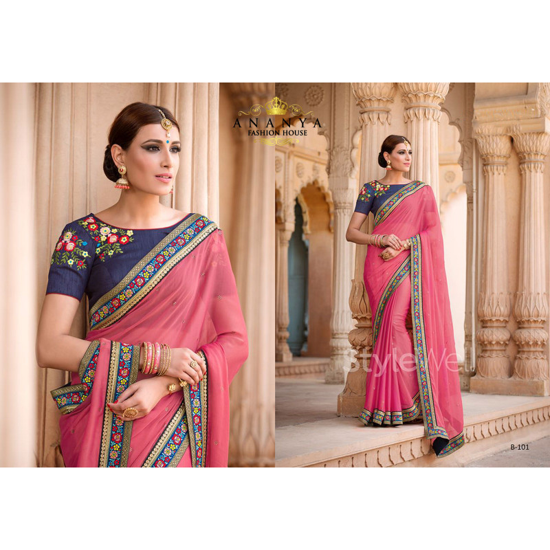 Pink Georgette Saree with Blue Blouse