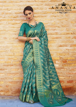 Dark Green Ikkat Silk Saree with Dark Green Blouse