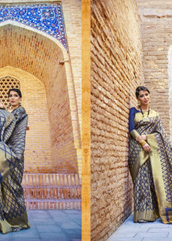 Grey-Dark Blue Ikkat Silk Saree with Grey-Dark Blue Blouse