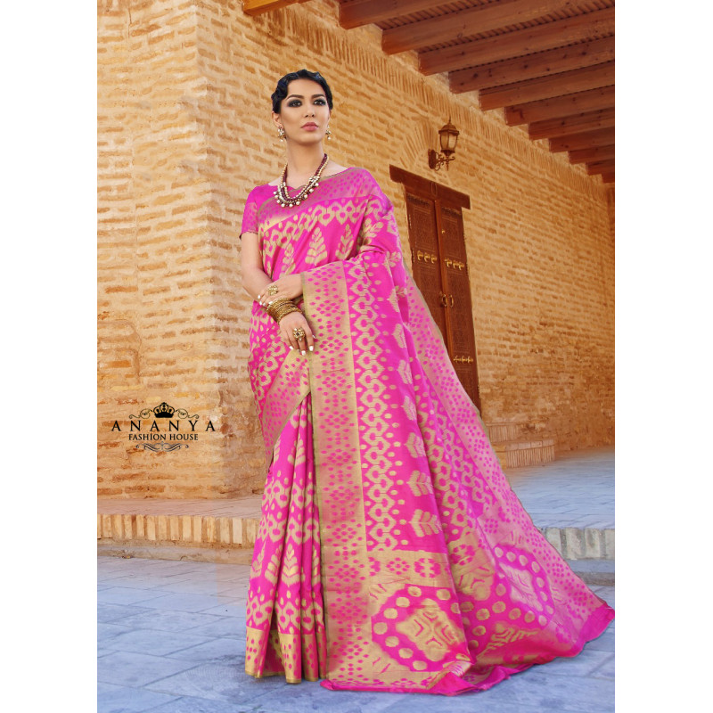 Pink Ikkat Silk Saree with Pink Blouse