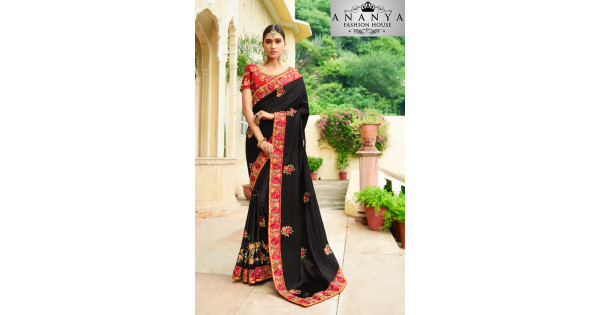 Red And Black Silk Fabric Embroidered Saree