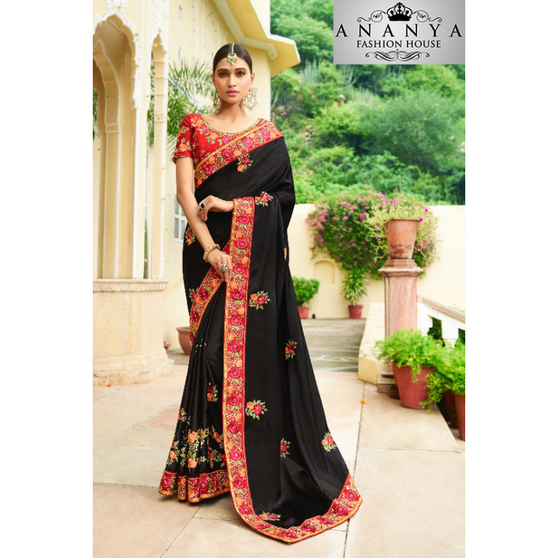 Classic Black Georgette Saree with Red Blouse