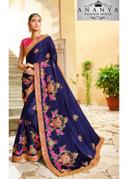 Exotic Dark Blue Georgette Saree with Pink Blouse