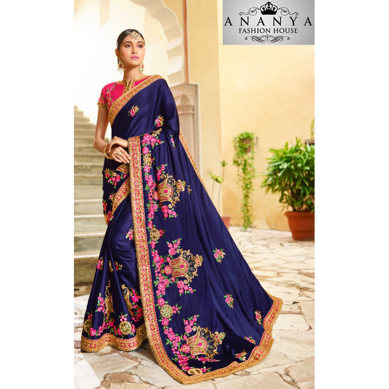 Exotic Dark Blue Georgette Saree with Pink Blouse