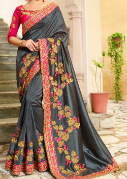 Flamboyant Grey Georgette Saree with Pink Blouse