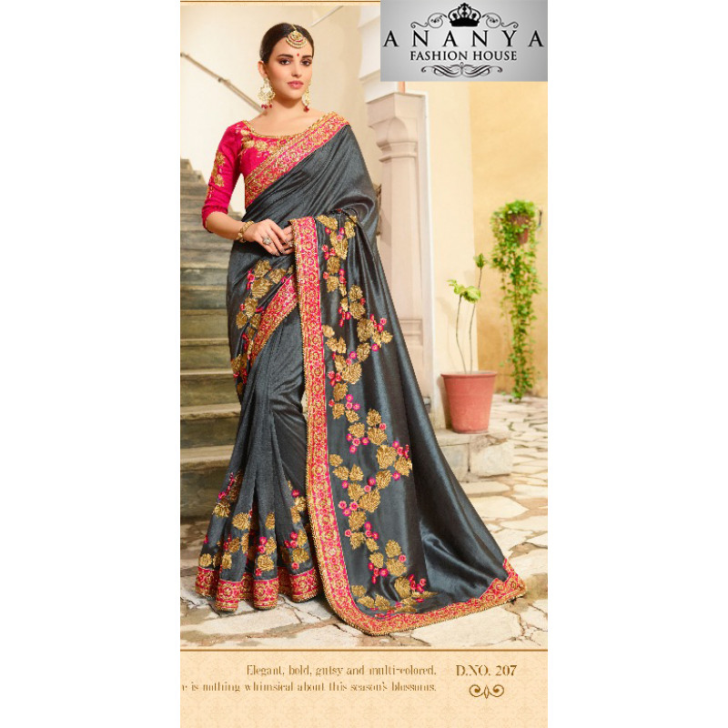 Flamboyant Grey Georgette Saree with Pink Blouse