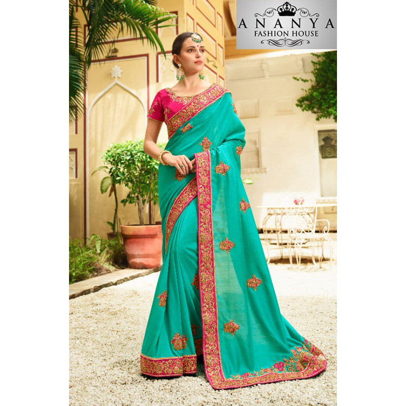 Plushy Green Georgette Saree with Pink Blouse