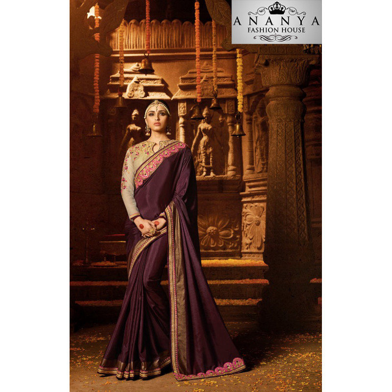 Incredible Dark Purple Georgette Saree with Light Brown Blouse