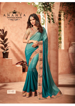 Adorable Blue Fusion Silk Saree with Brown Blouse