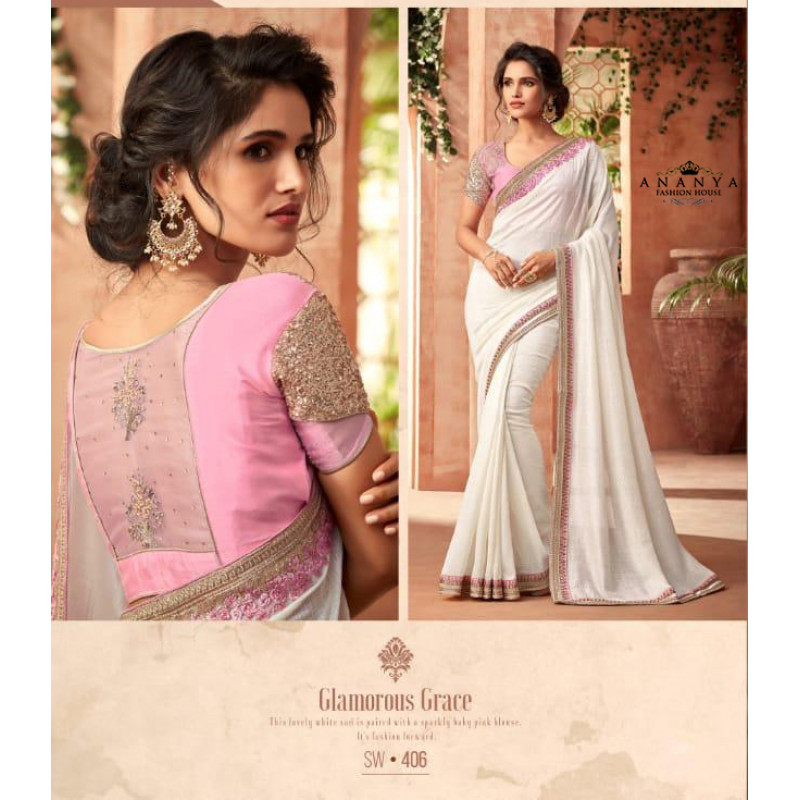 Incredible White Super Silk-Georgette Saree with Pink Blouse