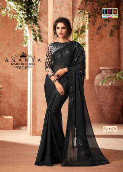 Magnificient Black Korian Silk-Chiffon Saree with Black Blouse