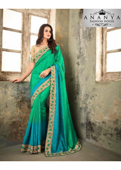 Charming Green-Blue Shaded Apple Silk Saree with Gold Blouse