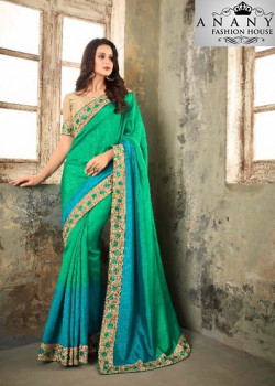 Charming Green-Blue Shaded Apple Silk Saree with Gold Blouse