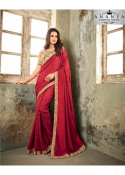 Classic Red Two Tone Silk- Zinni Silk Saree with Brown Blouse