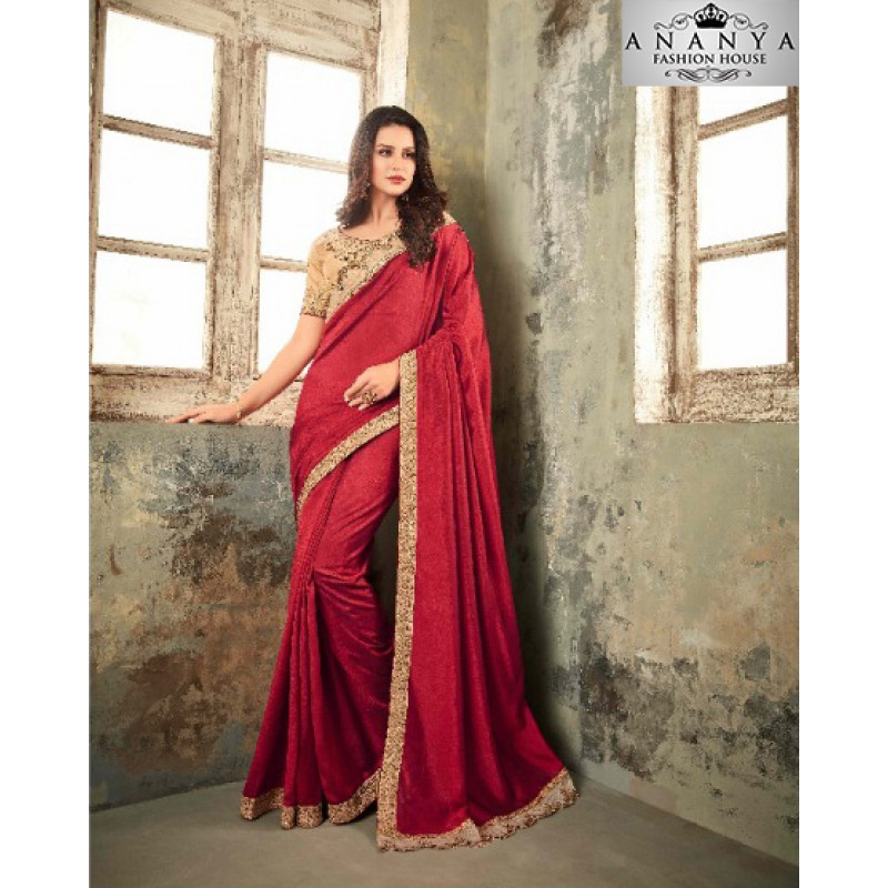 Classic Red Two Tone Silk- Zinni Silk Saree with Brown Blouse