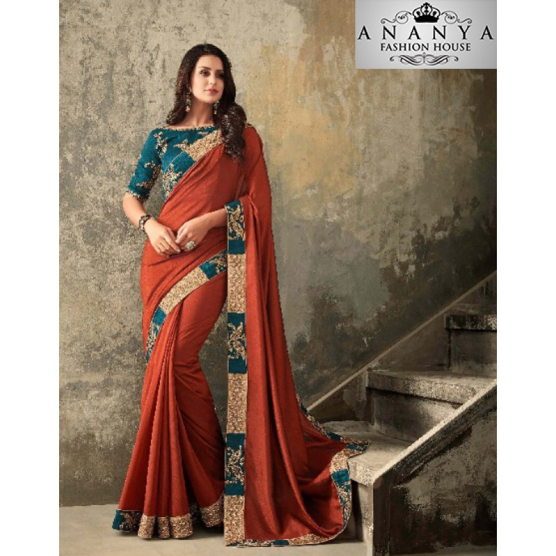 Dazzling Red Two Tone Silk- Zinni Silk Saree with Blue Blouse
