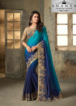 Enigmatic Blue Shaded Rangoli Saree with Brown Blouse