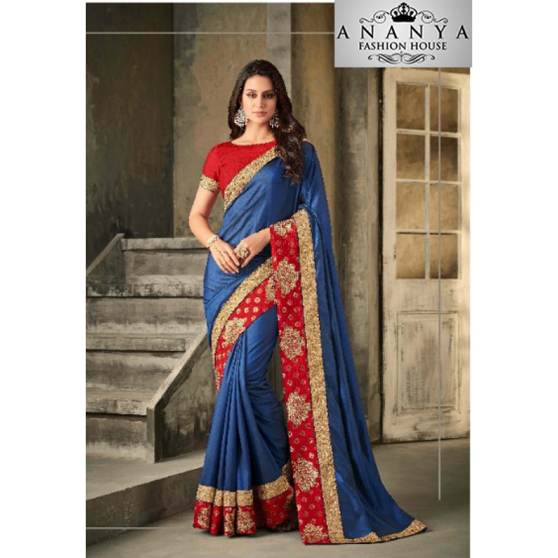 Exotic Blue Royal Silk Saree with Red Blouse