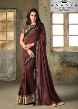 Gorgeous Brown Vichitra Silk Saree with Black Blouse