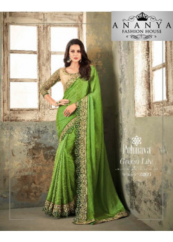 Melodic Green Textured Silk Saree with Gold Blouse