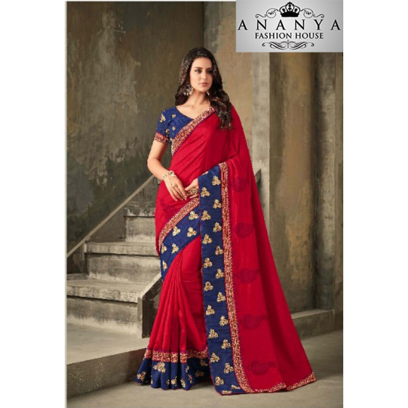 Melodic Red Vichitra Silk Saree with Blue Blouse