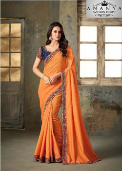 Trendy Orange Rangoli Two Tone Saree with Blue Blouse