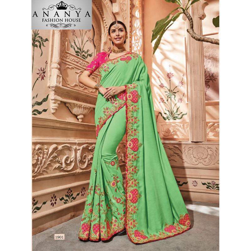 Charming Green Georgette Saree with Pink Blouse