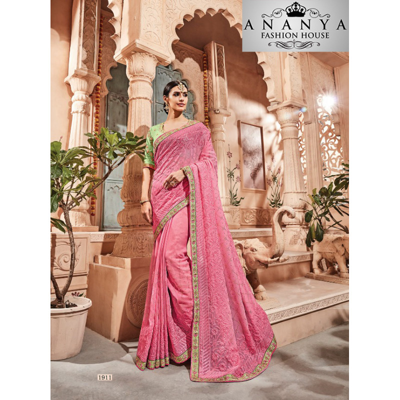 Classic Pink Georgette Saree with Green Blouse