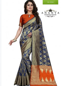 Dazzling Blue Banarasi Silk Saree with Orange Blouse