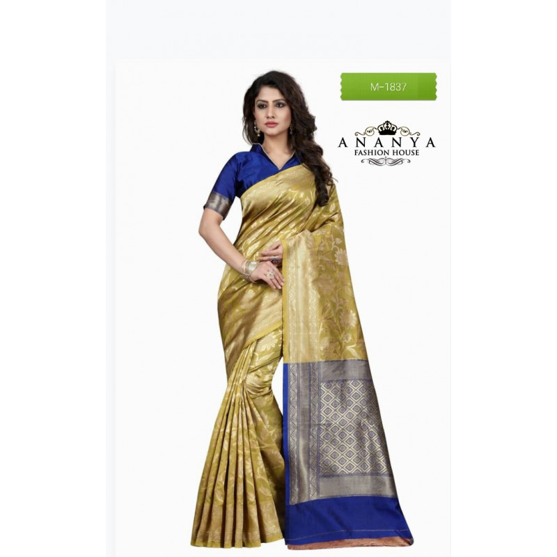 Exotic Gold Banarasi Silk Saree with Blue Blouse