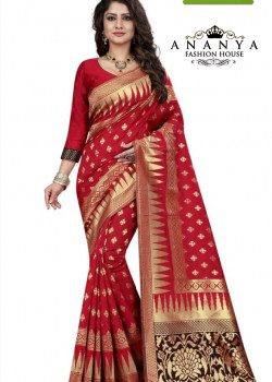 Trendy Red Banarasi Silk Saree with Red Blouse