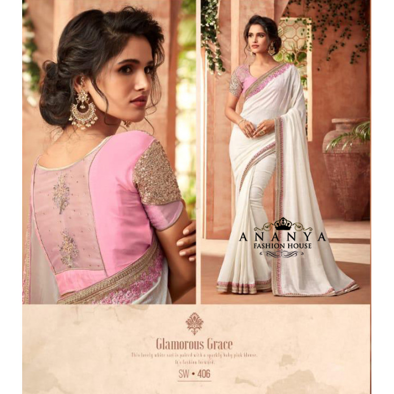 Adorable White Super Silk Saree with Pink Blouse