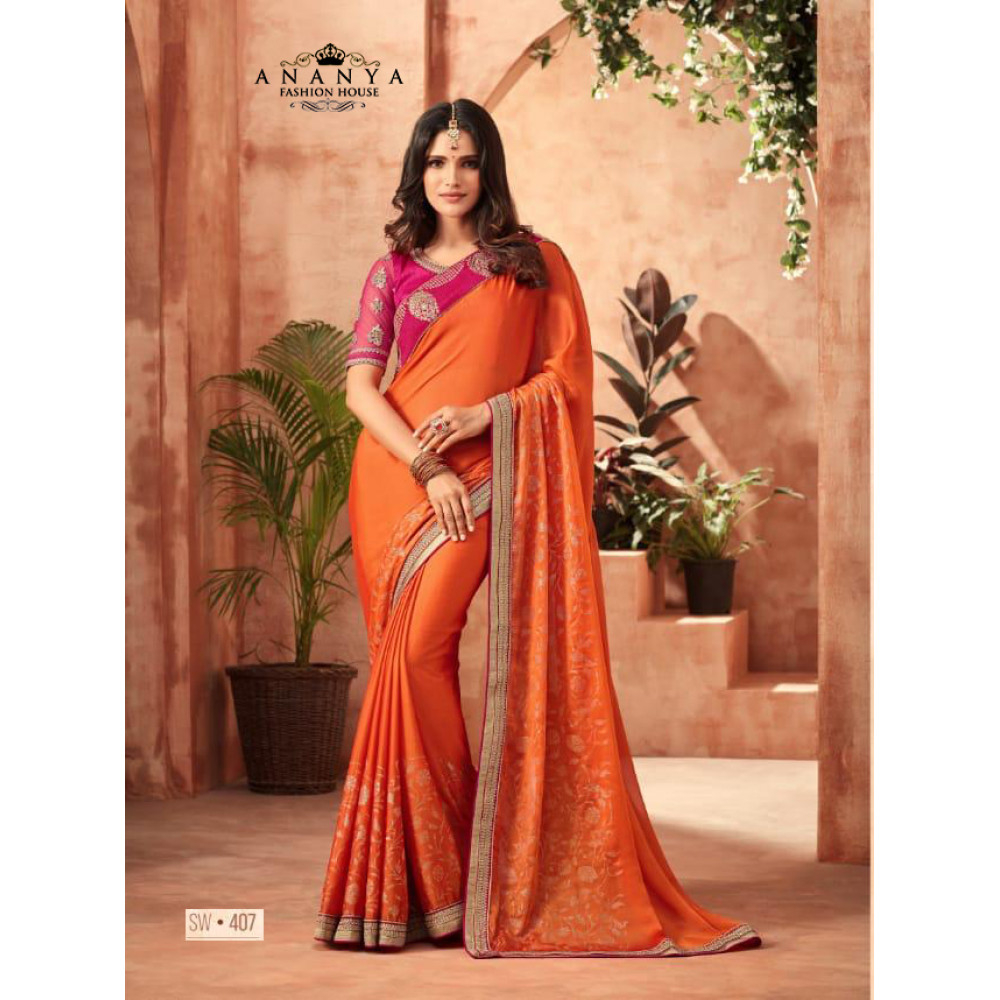 Woven Orange Silk Saree: Bold Elegance - Amisha Suhagiya