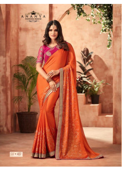 Flamboyant Orange Korian Silk Saree with Pink Blouse