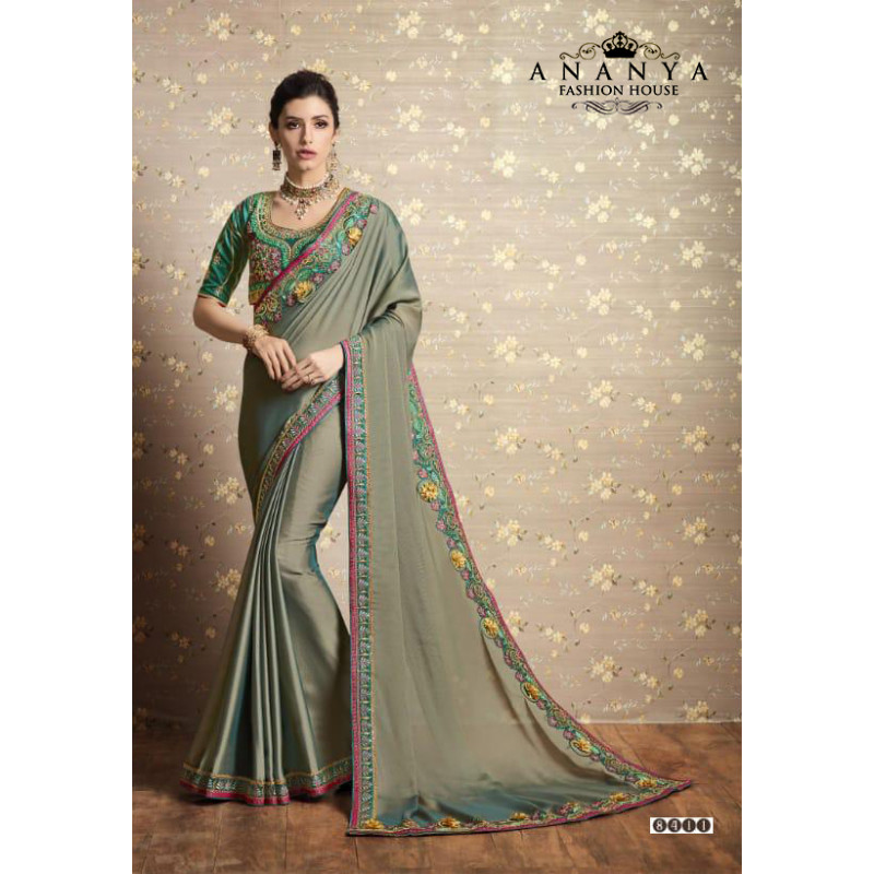 Charming Grey Two Tone Silk Saree with Green Blouse