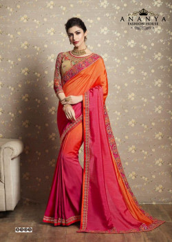 Classic Orange-Pink Fancy Georgette Saree with Green Blouse