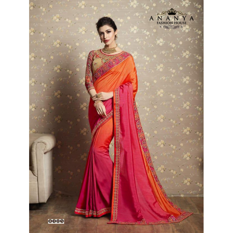 Classic Orange-Pink Fancy Georgette Saree with Green Blouse