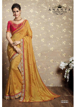 Flamboyant Yellow Vichitra Silk Saree with Pink Blouse