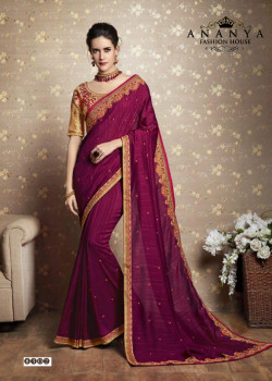 Plushy Purple Vichitra Silk Saree with Yellow Blouse