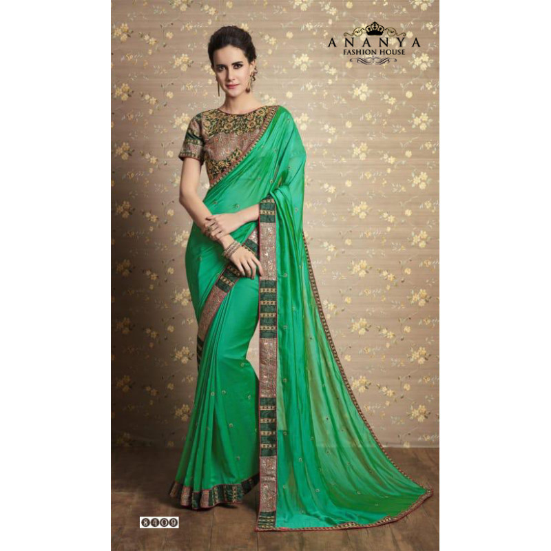 Trendy Green Georgette-Silk Saree with Green Blouse