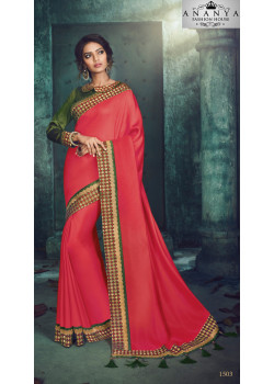 Flamboyant Pink Georgette Saree with Green Blouse
