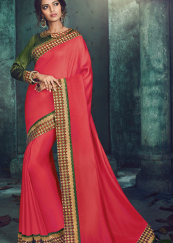 Flamboyant Pink Georgette Saree with Green Blouse
