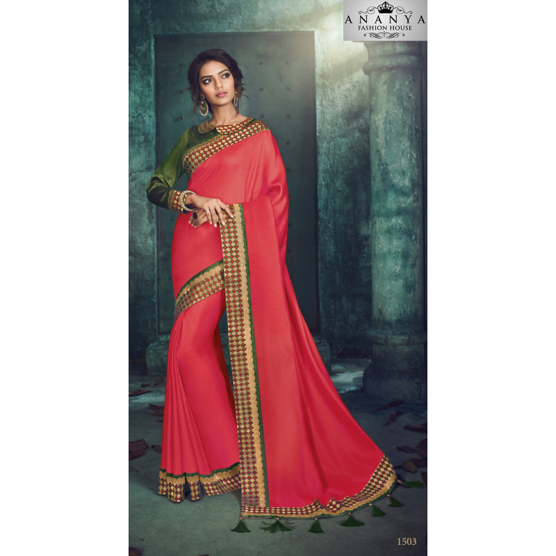 Flamboyant Pink Georgette Saree with Green Blouse