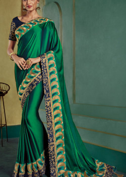 Gorgeous Dark Green Georgette Saree with Dark Green Blouse