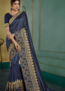 Plushy Dark Blue Georgette Saree with Dark Blue Blouse
