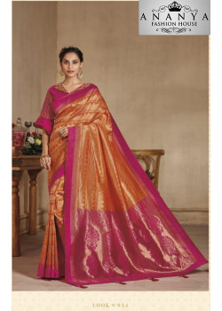 Luscious Orange-Pink Banarasi Silk Saree with Pink Blouse