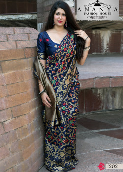 Exotic Dark Blue Banarasi Silk Saree with Dark Blue Blouse