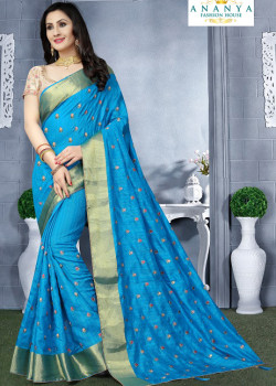 Adorable Light Blue Silk Saree with Beige Blouse