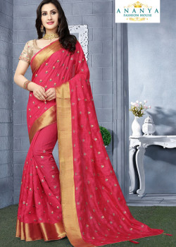 Flamboyant Pink Silk Saree with Beige Blouse