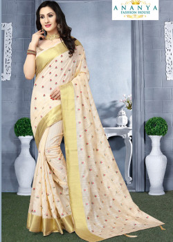 Melodic Off White Silk Saree with Beige Blouse